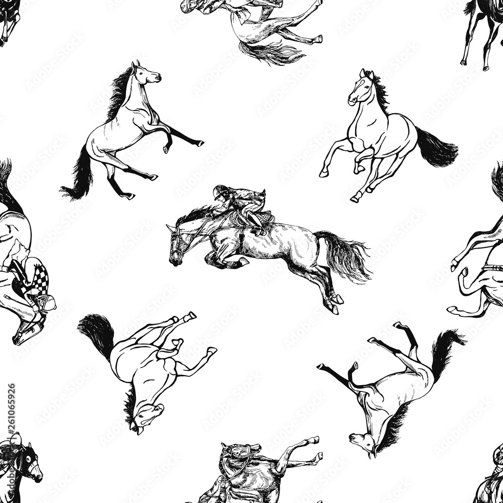 Obraz premium Seamless pattern of hand drawn sketch style horses and jockeys on a horses. Vector illustration isolated on white background.