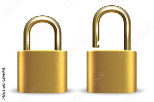 Vector 3d Realistic Closed and Opened Metal Golden Padlock Icon Set Closeup Isolated on White Background. Design Template of Gold Lock for Protection Privacy, Web and Mobile Apps, Logo