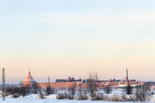 Winter evening view of Oreshek fortress in Shlisselburg, clean sky background
