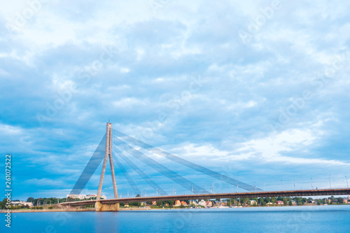 RIGA, LATVIA - August 28, 2017: The Vansu Bridge in Riga is a cable-stayed bridge that crosses the Daugava river in Riga