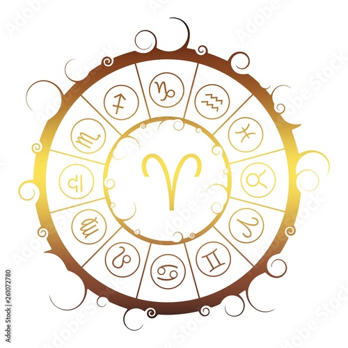 Astrological symbols in the circle. Golden metallic gradient. Ram sign