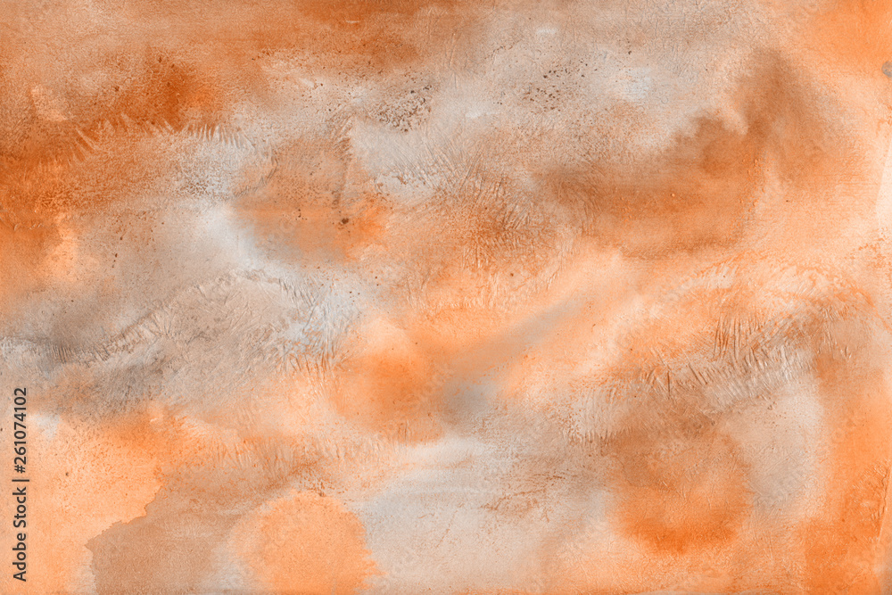 Fototapeta premium Orange summer watercolor and ink paper textures on white background. Chaotic stylish abstract organic design.