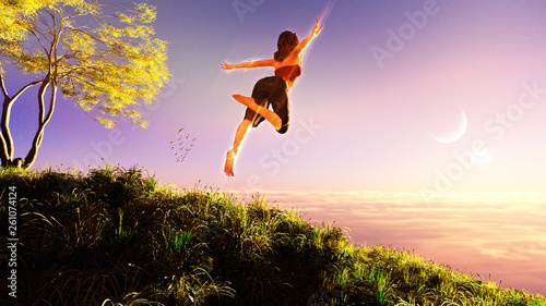 concept art of young woman illustration floating over natural environment