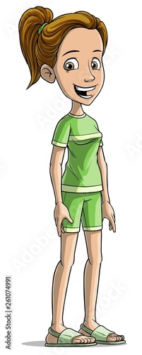 Cartoon smiling brunette cheerful standing girl character. Sport style. Isolated on white background. Vector icon.