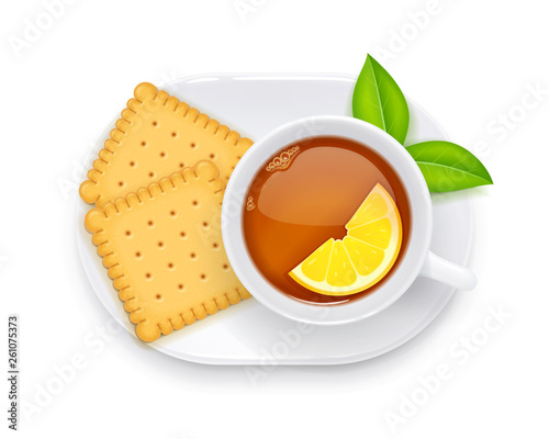 Tea cup and biscuit on plate. Traditional hot drink for breakfast. Tea time. Herbal tonic beverage. Isolated white background. Eps10 vector illustration.