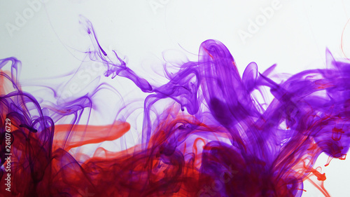 Violet and red ink mixing in water. Bright ink on white background. Ink in motion.