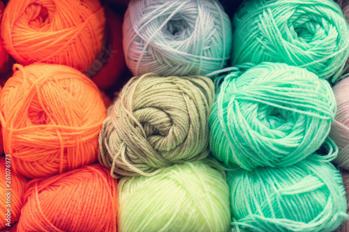 Balls of colored yarn. Colorful threads for needlework