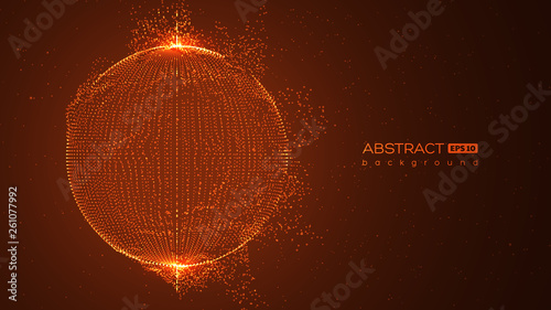 Abstract globe particles sphere with explosion effect. 3d technology digital style. Red space background. Futuristic vector illustration.