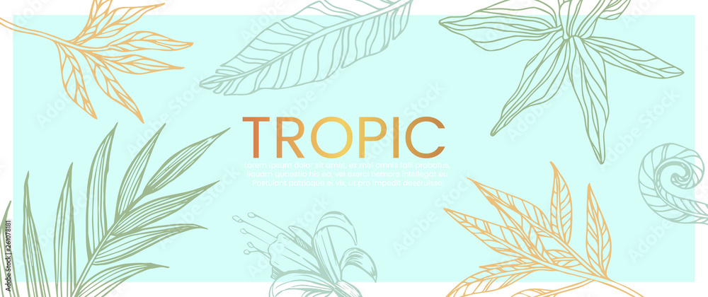 Vector hand drawn banner with exotic and tropic plants, flowers and palm tree leaves that can also be used as flyer, wedding invitation and landing page.