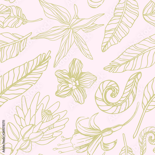 Seamless pattern with handdrawn floral elements that can be used for wrapping, textile, fabric and wallpaper. Vector illustration of exotic flowers and tropic plants on a pink background.