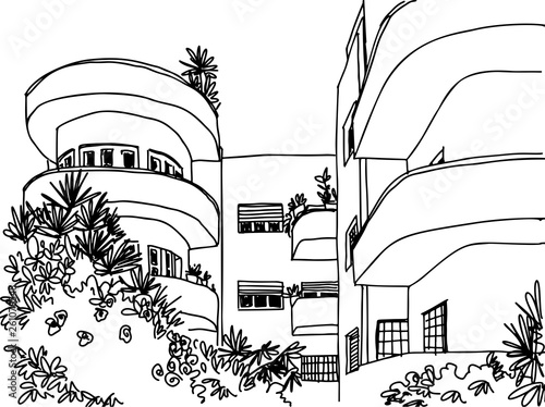 White city Tel Aviv, romantic urban landscape, bauhaus style. Ink line sketch. Hand drawing. Vector illustration on white background.