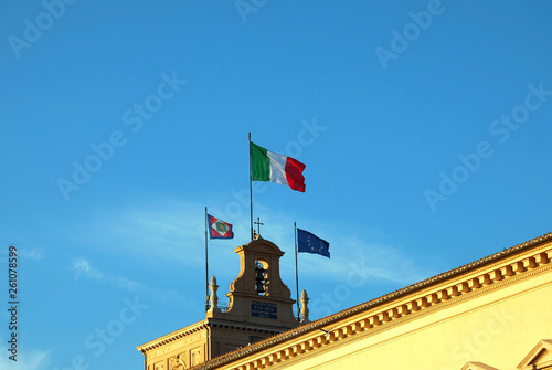 Italian and European flag in the Quirinale Palace headquartier o
