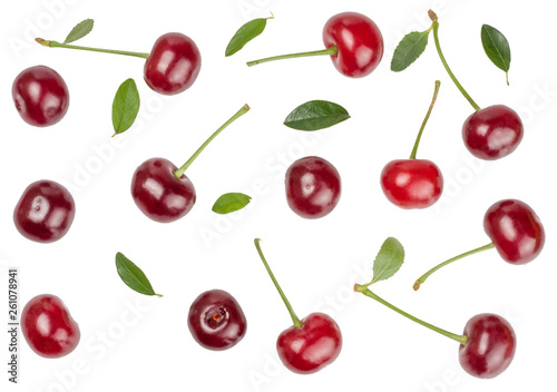 Cherries isolated on white background. Top view