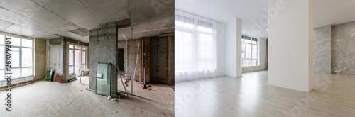 renovation concept - apartment before and after restoration or refurbishment photo