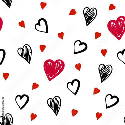 Seamless texture of large and small contrasting hearts. Wallpaper with the image of red and bla elements. Vector illustration 