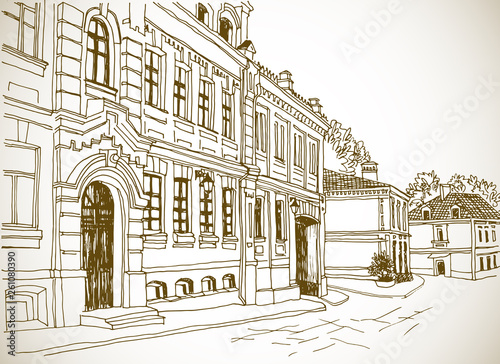 Hand drawn urban landscape. Old European city street. Ink drawing sketch on white background