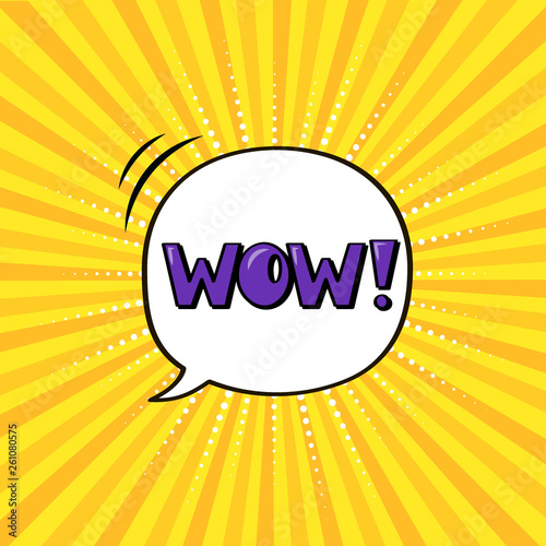 Speech bubble WOW on the rays yellow comic background. Colored pop art style sound effect. Halftone vector illustration banner. Vector illustration in comic style