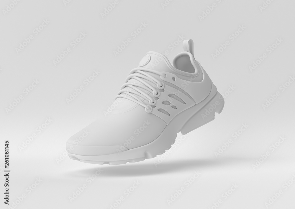 Creative minimal paper idea. Concept white shoe with white background. 3d render, 3d illustration. - obrazy, fototapety, plakaty 