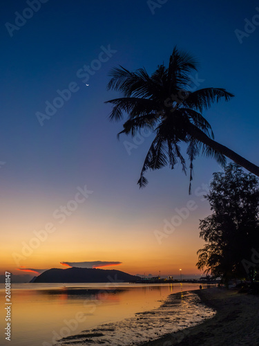 Silhouette of palm trees at sunset and multicolored clouds. Koh Phangan Thailand