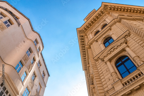 the close-up on the facade of the building in Budapest
