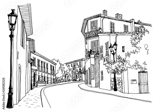 Old city street in hand drawn sketch style. Vector illustration. Small European city. Black and white urban landscape on white background