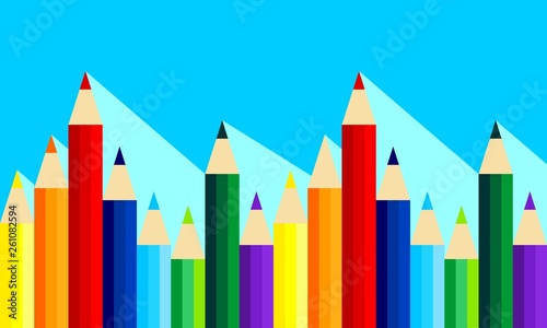 Pattern with rainbow of colored pencils with long shadow. Vector graphic illustration. Flat design.