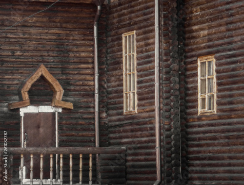 Christian wooden temple closeup. Christian church. Orthodox. Log building. Wooden building background. Ust-Kamenogorsk (Kazakhstan) photo