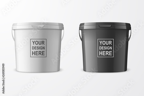 Vector Realistic 3d White and Black Plastic Bucket Set for Food Products, Paint, Foodstuff, Adhesives, Primers, Putty Closeup Isolated on White. Design Template of Packagin for Mockup. Front View