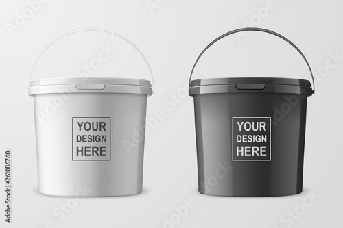 Vector Realistic 3d White and Black Plastic Bucket Set for Food Products, Paint, Foodstuff, Adhesives, Primers, Putty Closeup Isolated on White. Design Template of Packagin for Mockup. Front View