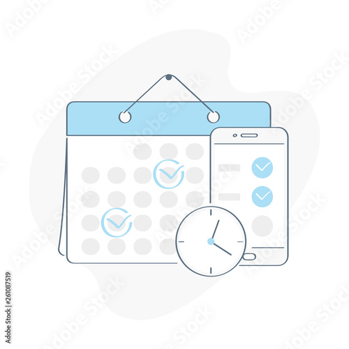 Online Schedule. Business graphics tasks, planning and scheduling operations agenda on a week in the calendar and smartphone, task schedule, to do list. Outline vector on white background.