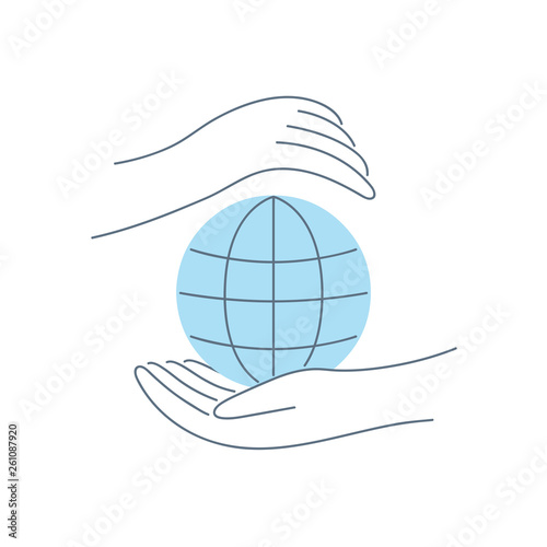 Hands around the globe, environmental protection, hands take care about ecology, nature protection. Let's save our planet earth concept. Flat outline vector icon illustration on white.