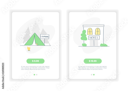 Web Tariffs: camping or hotel, free or luxury apartment price list. UI UX pricing table, tariff plan interface for the touristic website, travel, booking service, hotel business. Flat outline design