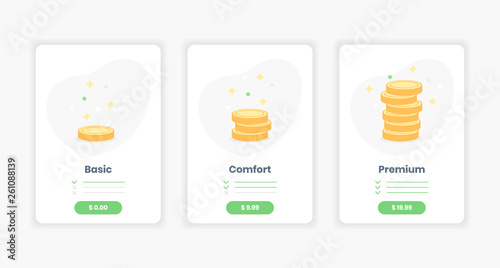 Price services, set tariffs plan for website.  Pricing table for services order with buttons, three options, ui interface for the site. Flat outline vector on white.