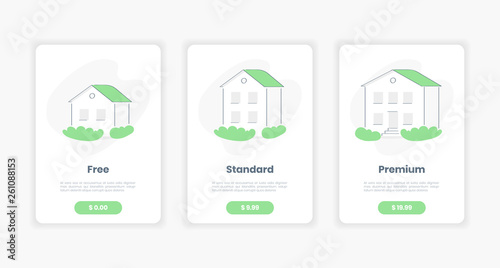 Three tariffs for Real State property, rent options. Three variants of houses. Interface pricing table, price list set, ui ux tariff plan for the site. Flat outline vector concept.
