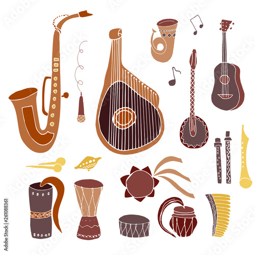 Set of hand drawn traditional Slavic, Ukrainian musical instruments in circle. Reed pipe, kobza, buhay, sopilka, bandura, pan flute etc.