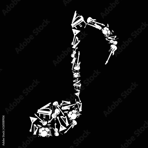 White music note including musical instruments on black background. Harp, electric guitar, bass, balalaika, piano, drums, violin, saxophone. Vector