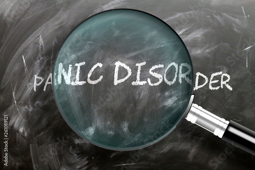 Learn, study and inspect panic disorder - pictured as a magnifying glass enlarging word panic disorder, symbolizes researching, exploring and analyzing meaning of panic disorder, 3d illustration