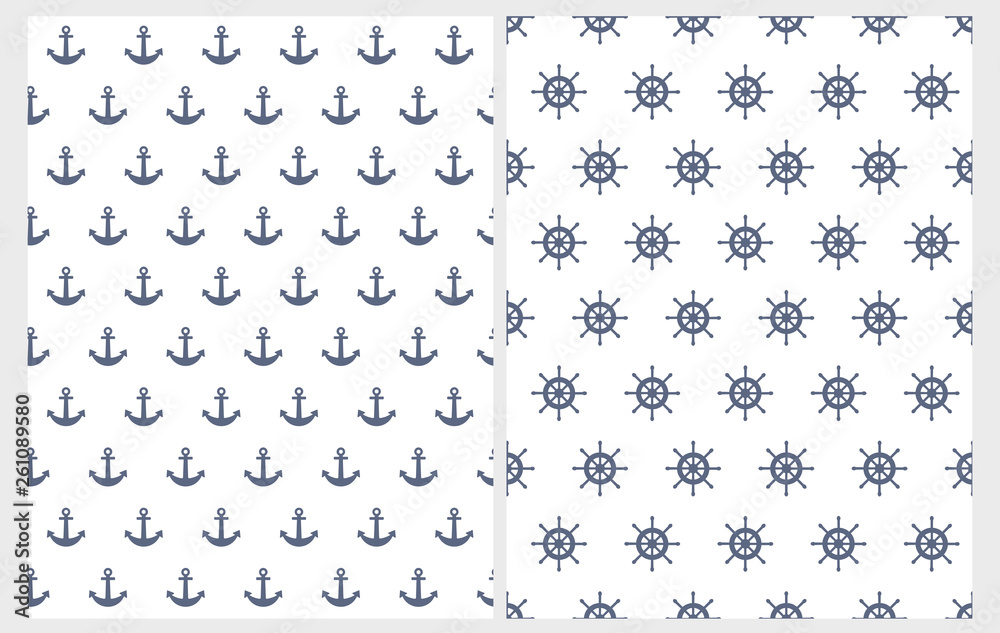 Lovely Nautical Vector Patterns Set. Navy Blue Anchors and Helms Isolated on a White Background. Marine Party Theme Repeatable Design. Abstract Nautical Theme Decoration. Lovely Nautical Vector Patterns Set. Navy Blue Anchors and Helms Isolated on a White Background. Marine Party Theme Repeatable Design. Abstract Nautical Theme Decoration.