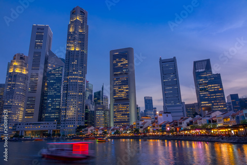 Twilight on the Quay of Singapore with Skyscrapers