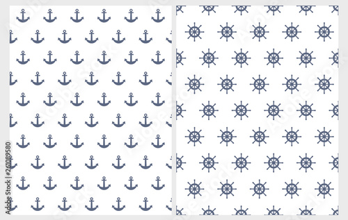 Lovely Nautical Vector Patterns Set. Navy Blue Anchors and Helms Isolated on a White Background. Marine Party Theme Repeatable Design. Abstract Nautical Theme Decoration.