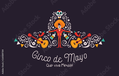 Cinco de Mayo mariachi hat card with culture icons