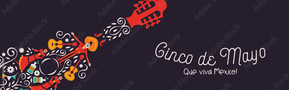 Fototapeta premium Cinco de Mayo guitar banner of culture icons
