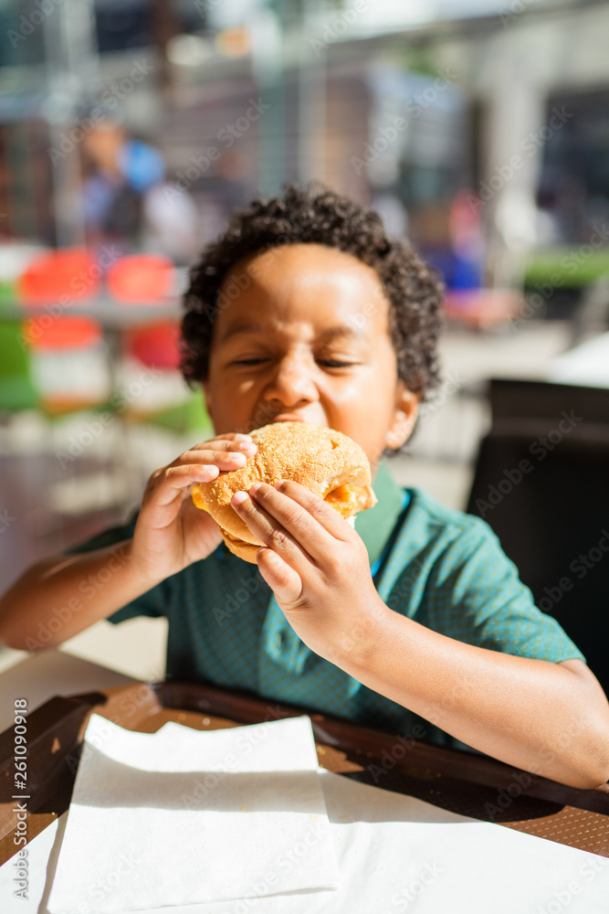 Little boy is having  burger for lunch