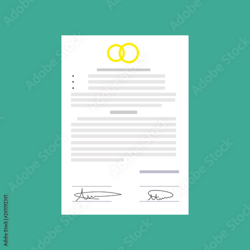 Prenuptial agreement in man and woman hands. Family and law concept