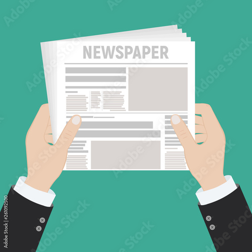 Hot latest news. Businessman hands holding magnifying glass over a newspaper with titles and photo. Top view. Vector illustration