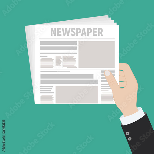 Hot latest news. Businessman hands holding magnifying glass over a newspaper with titles and photo. Top view. Vector illustration