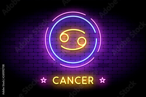 The Cancer zodiac symbol, horoscope sign in trendy neon style on a wall. Cancer astrology sign with light effects for web or print.
