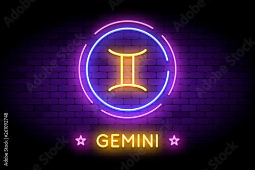The Gemini zodiac symbol, horoscope sign in trendy neon style on a wall. Gemini astrology sign with light effects for web or print.