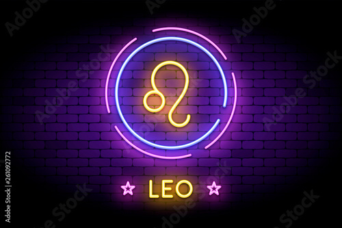 The Leo zodiac symbol, horoscope sign in trendy neon style on a wall. Leo astrology sign with light effects for web or print.