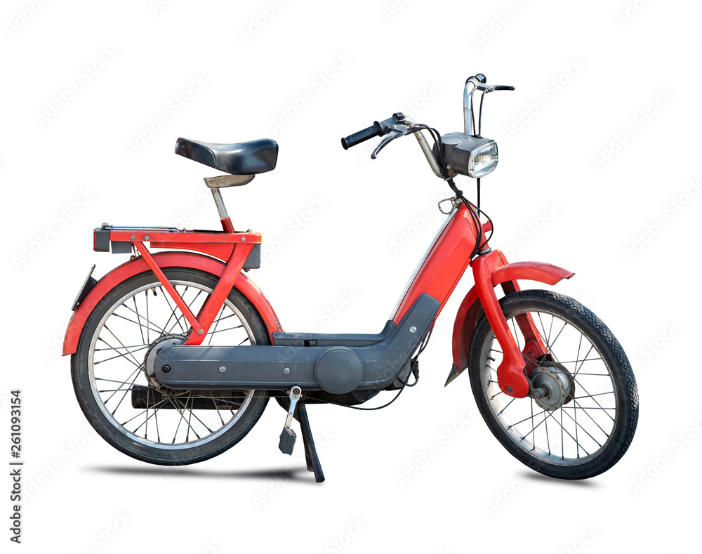 Fototapeta premium Orange moped, scooter side view isolated on white 